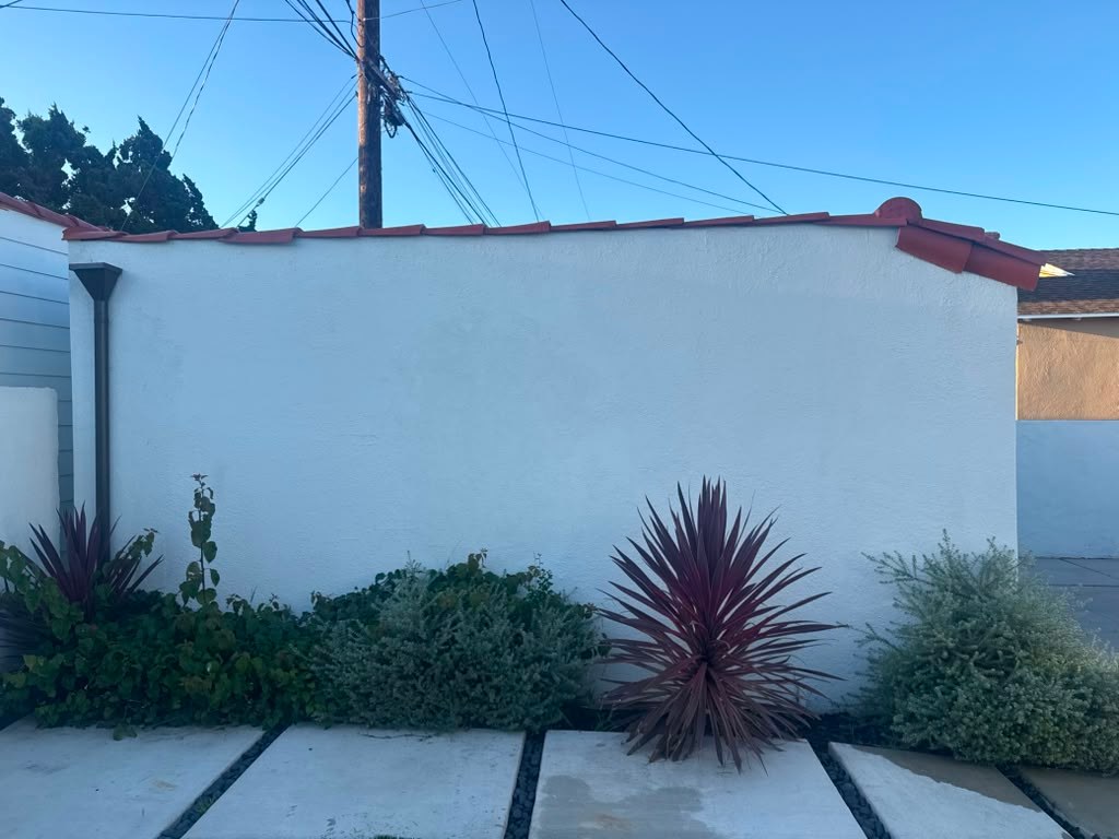 Exterior garage wall with a white finish, red roof edge, and surrounding plants; power lines visible in the background.