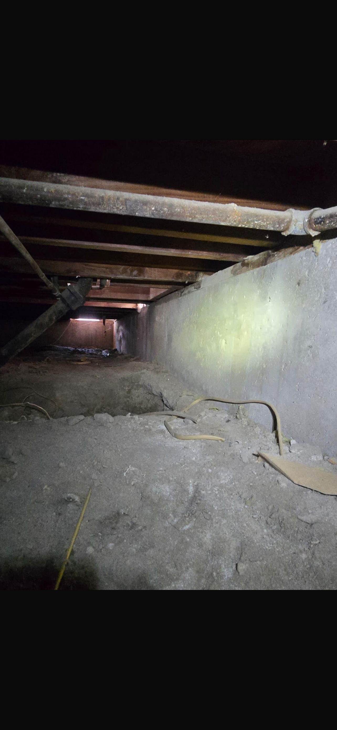 Dimly lit crawl space showing exposed wooden beams, concrete walls, and dirt floor, highlighting foundation maintenance concerns.