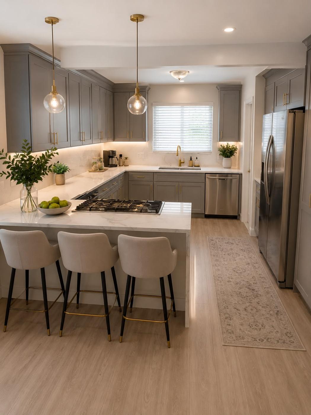 Remodeled eat-in kitchen with an island, counter stools, and an adjoining dining table
