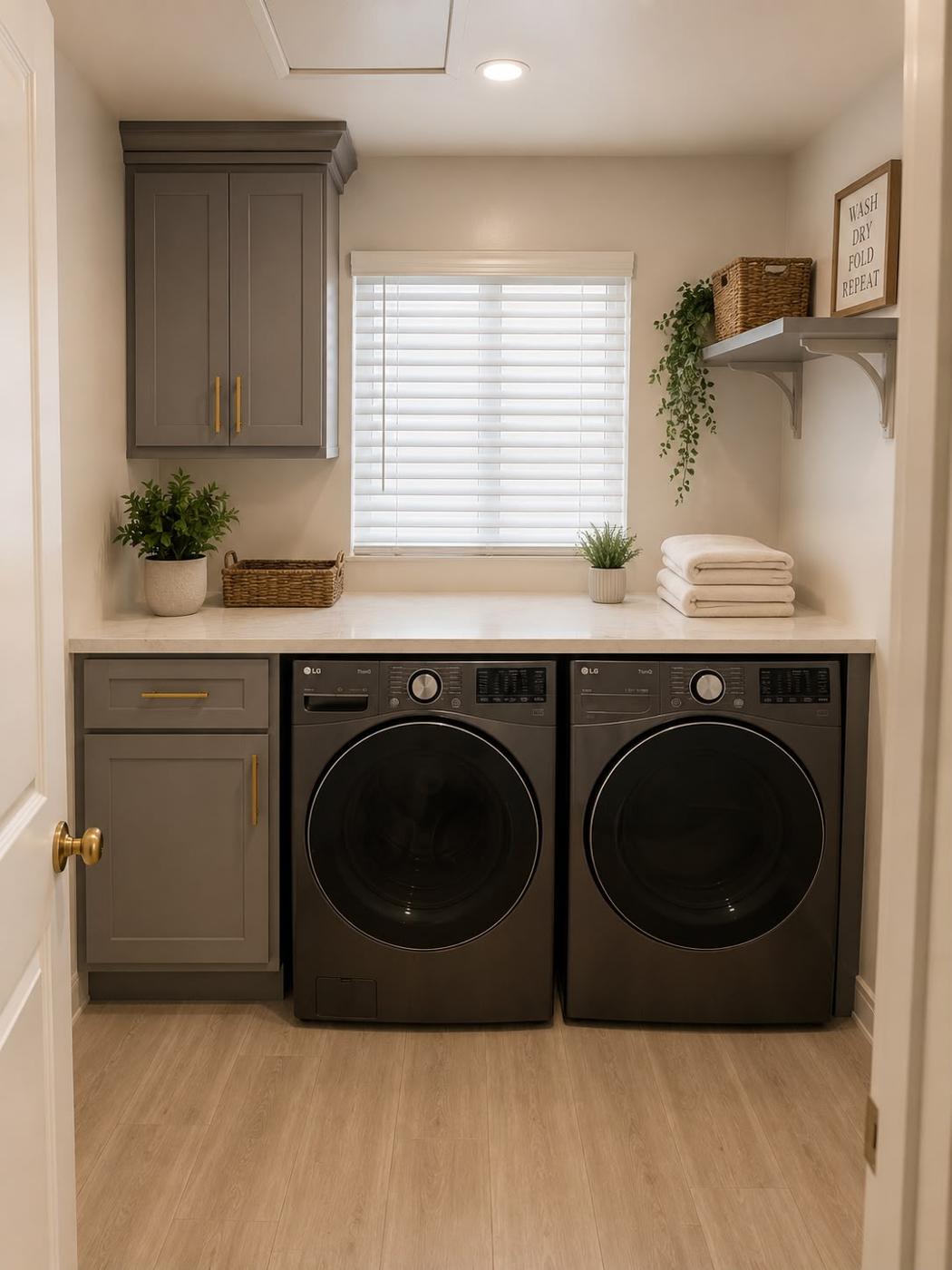 Remodeled laundry room with a side-by-side washer and dryer and custom grey cabinetry