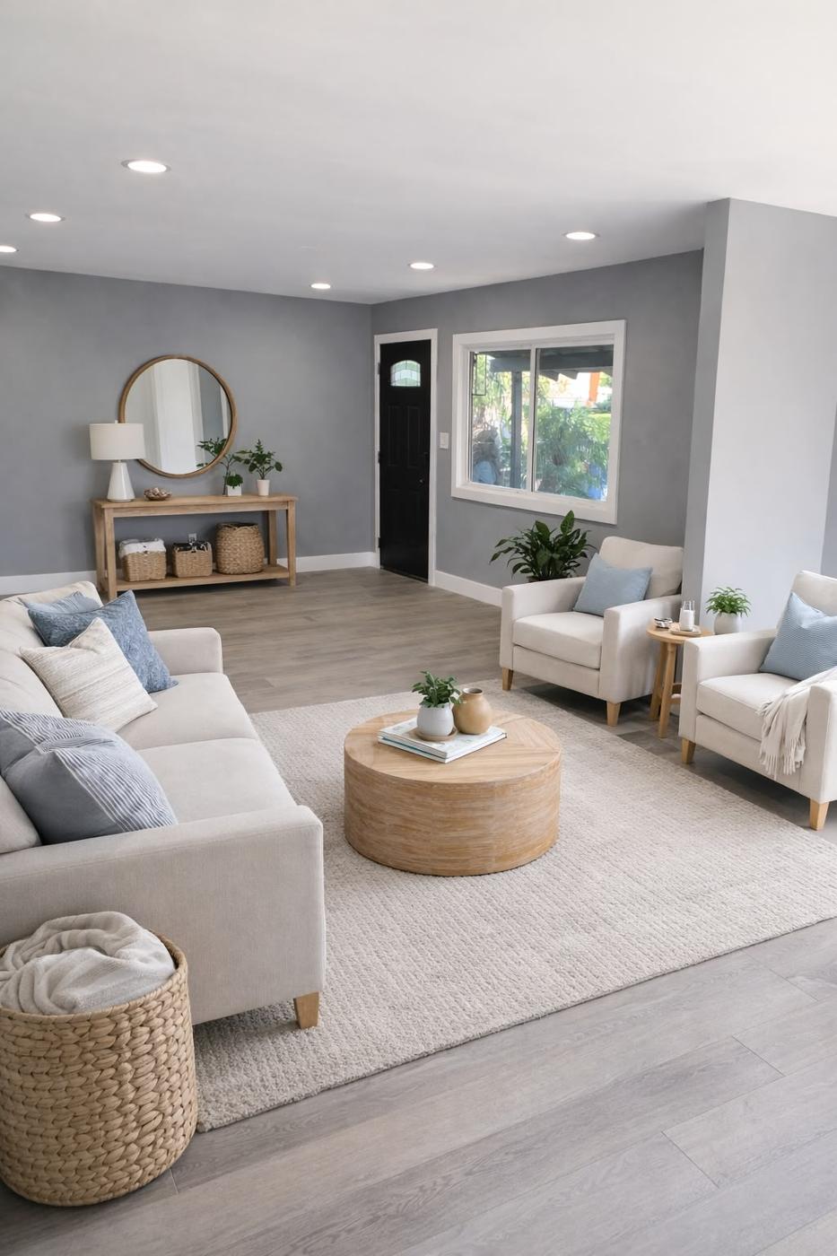 Newly remodeled open living and dining area with neutral tones and natural light