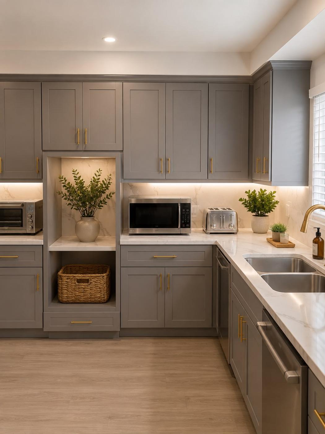 Modern kitchen with grey and wood-tone cabinetry, a central island, and warm lighting