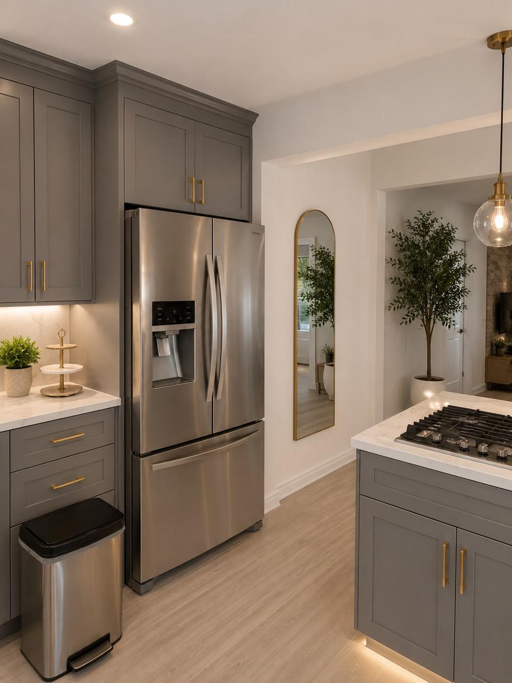 Contemporary kitchen with grey cabinets, a stainless refrigerator, and a central island