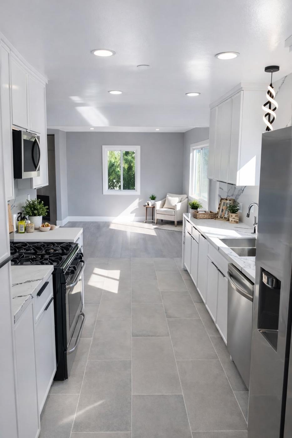 Open remodeled kitchen with white cabinets and continuous wood-look flooring