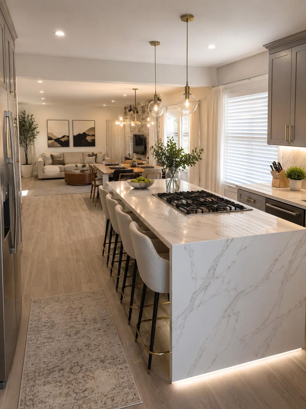 Elegant kitchen with a large island, pendant lighting, and white cabinetry